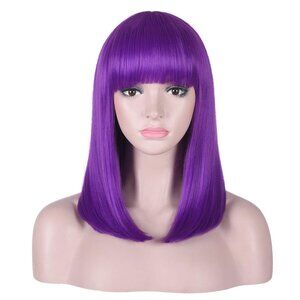 New AMZCOS 15 Inch Short Straight Purple Bob Wig with Bangs